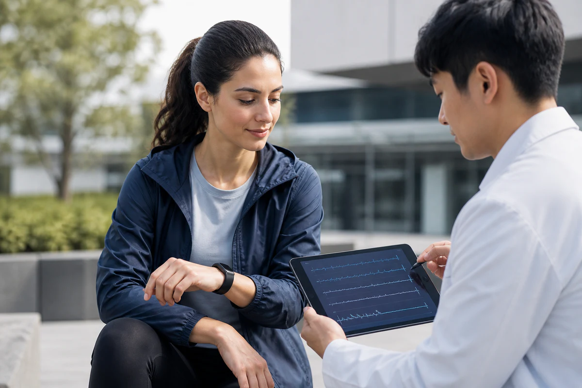 A researcher reviews biosignal data on a tablet while a participant wears a wrist measurement device
