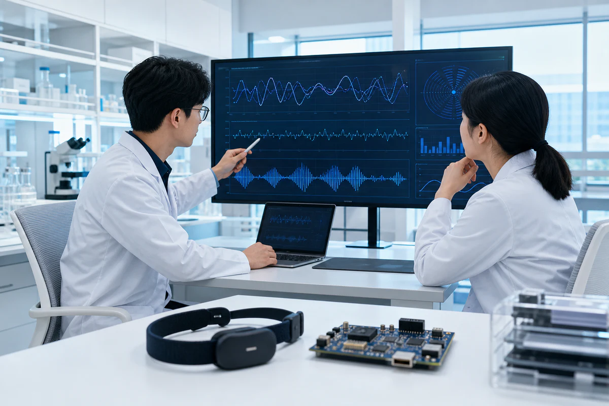Researchers review biosignal waveforms and analysis results together in a research environment
