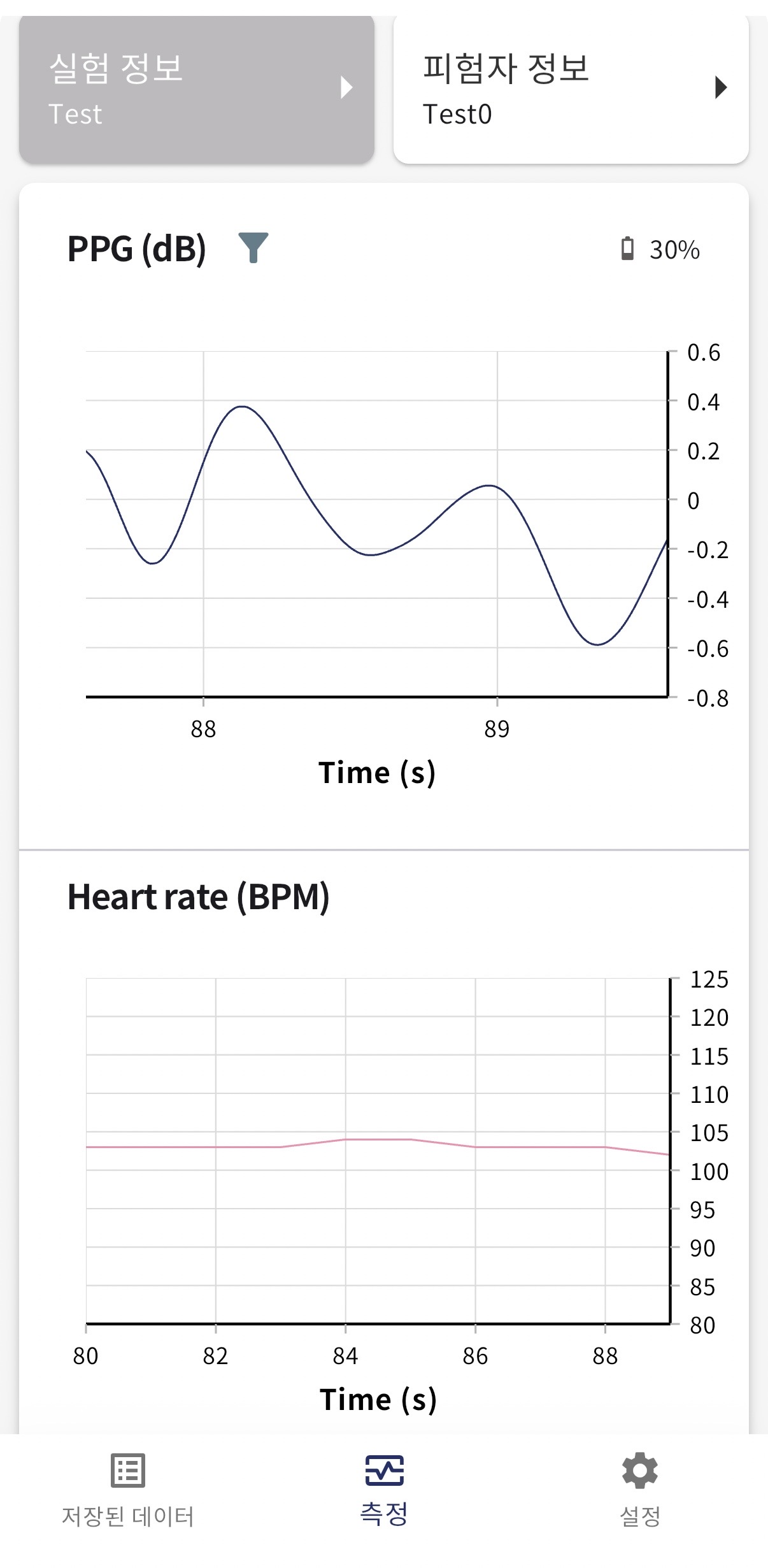 EmoConnect PPG&Motion 앱 — 실시간 PPG(dB) 파형과 심박수(BPM) 그래프