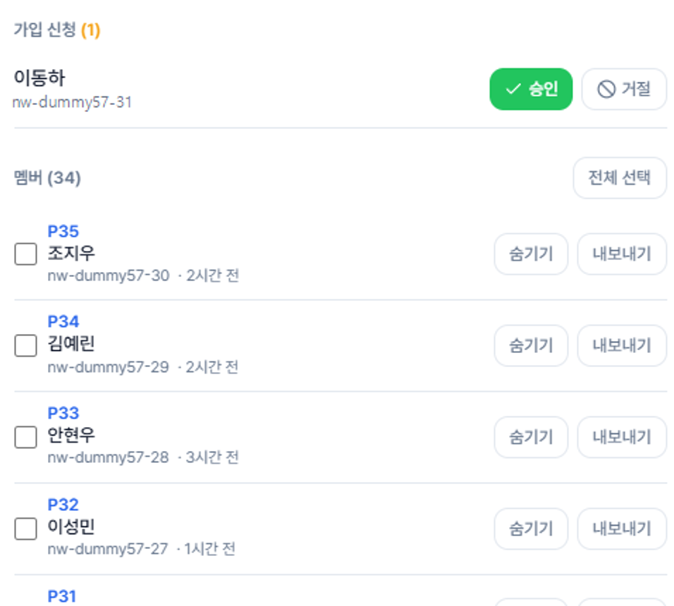 가입 신청 승인·거절과 멤버 34명 목록 — 참가자별 번호(P35…)와 숨기기·내보내기