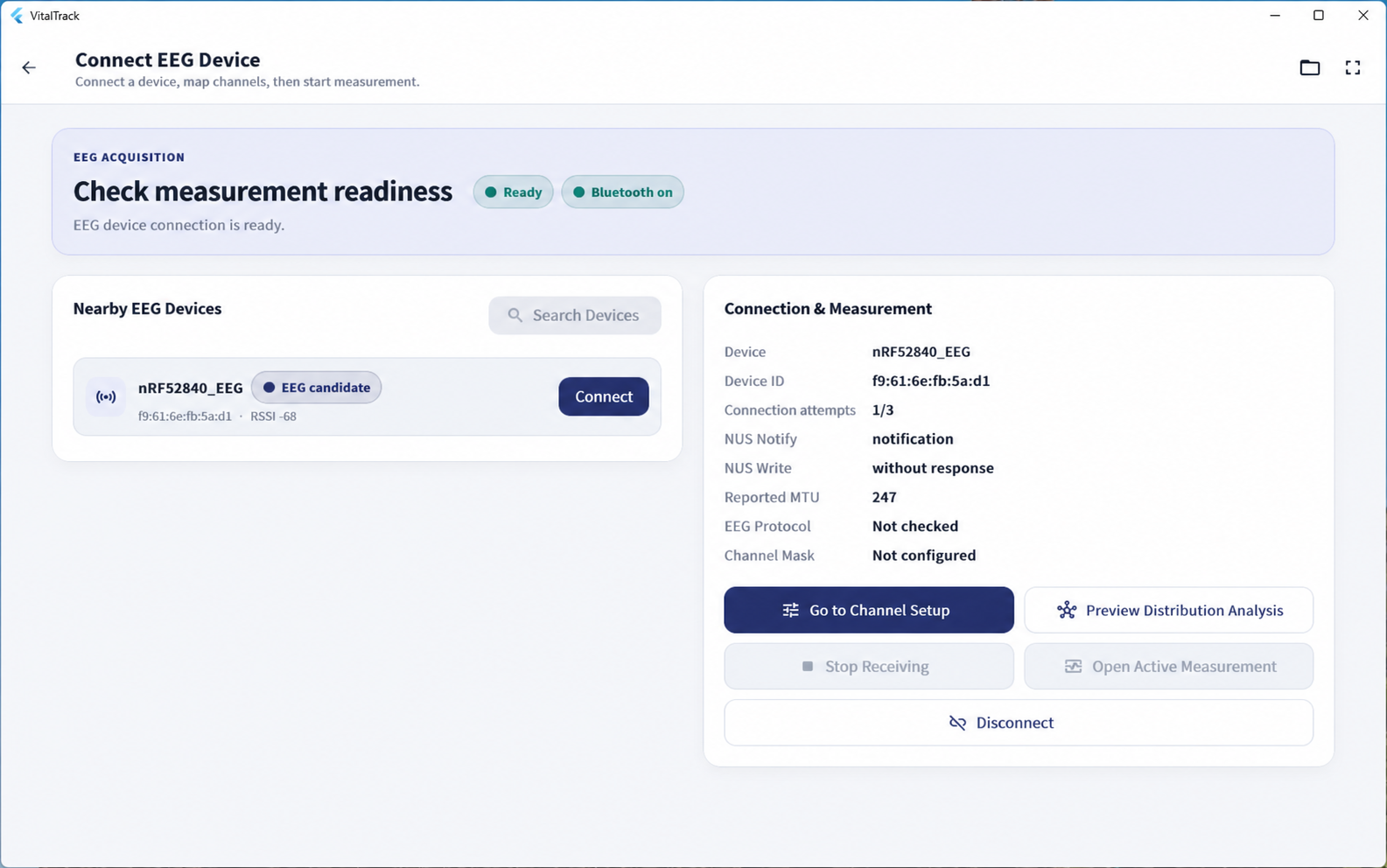 Device scan and connection screen in the VitalTrack EEG app