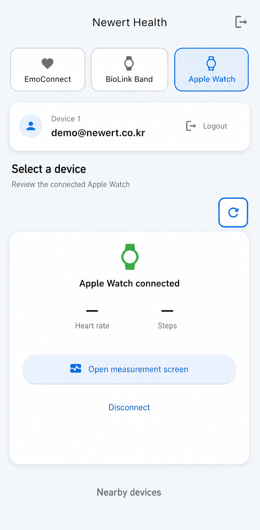Newert Health English screen showing an example participant account and Apple Watch connection status