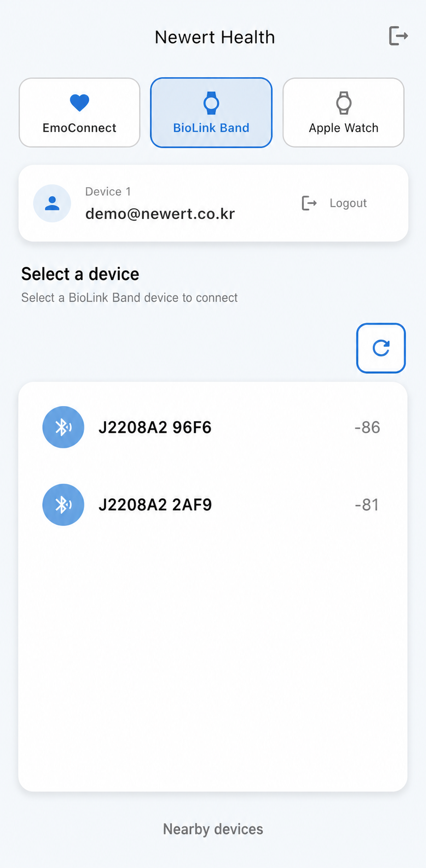 Newert Health English screen showing two BioLink Band device names with device identifiers redacted