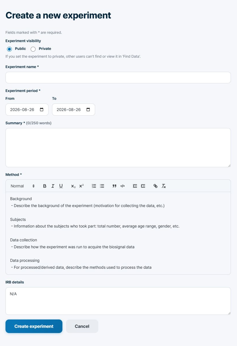 Biosignal Datahub Create a new experiment screen