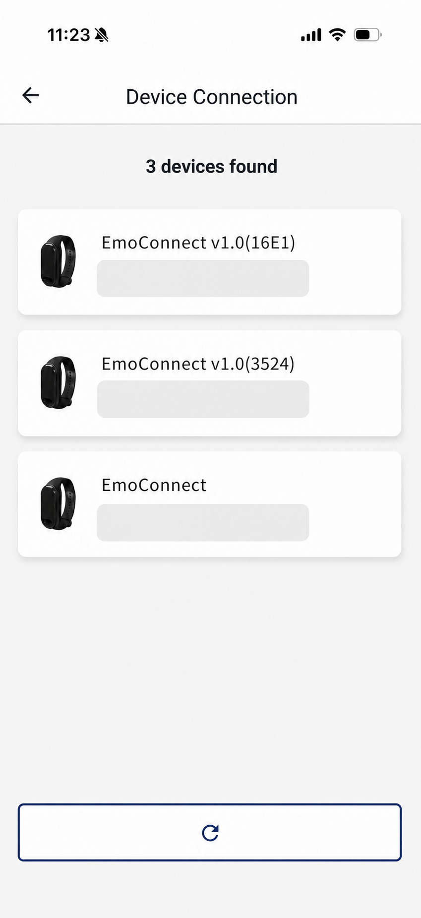 List of discovered EmoConnect devices with device IDs redacted