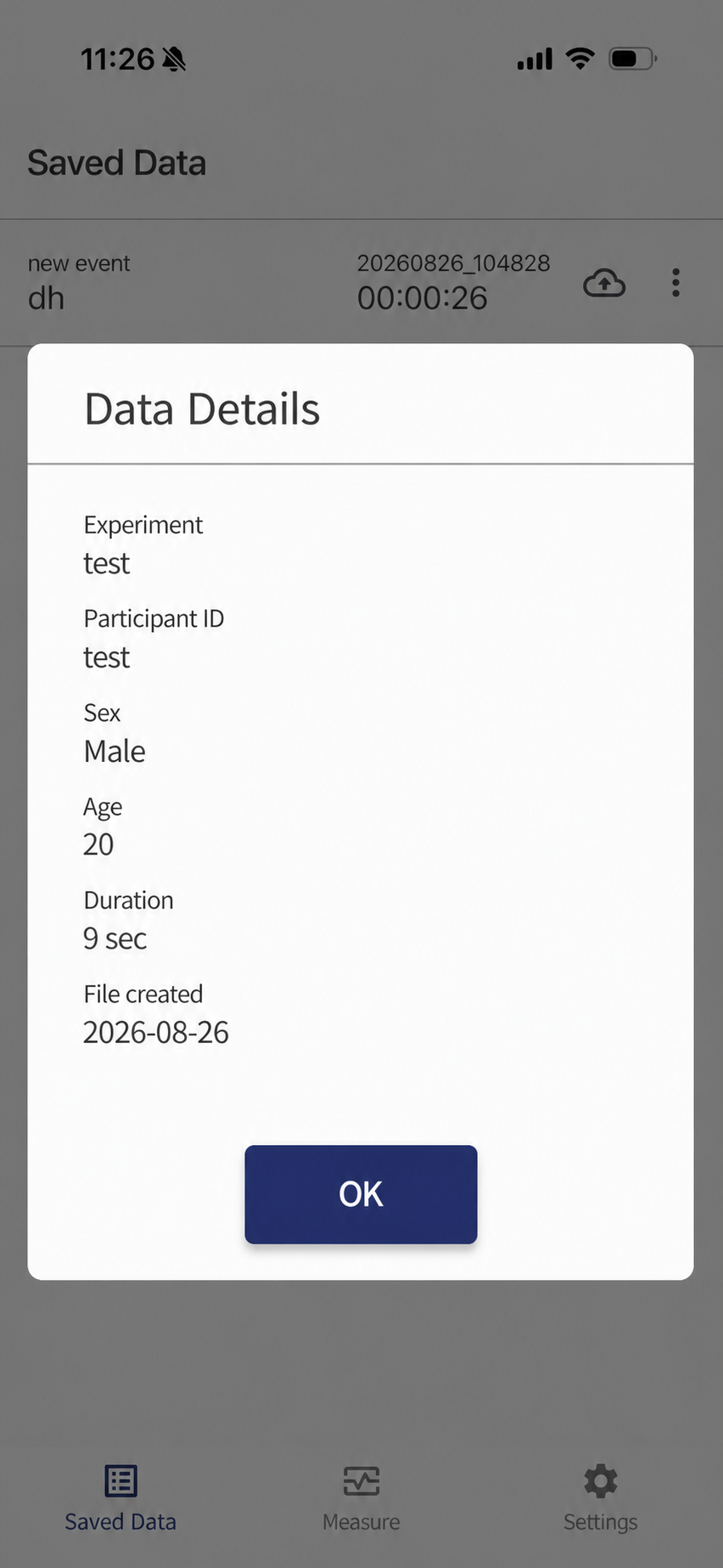 Saved-session details in the PPG&Motion app