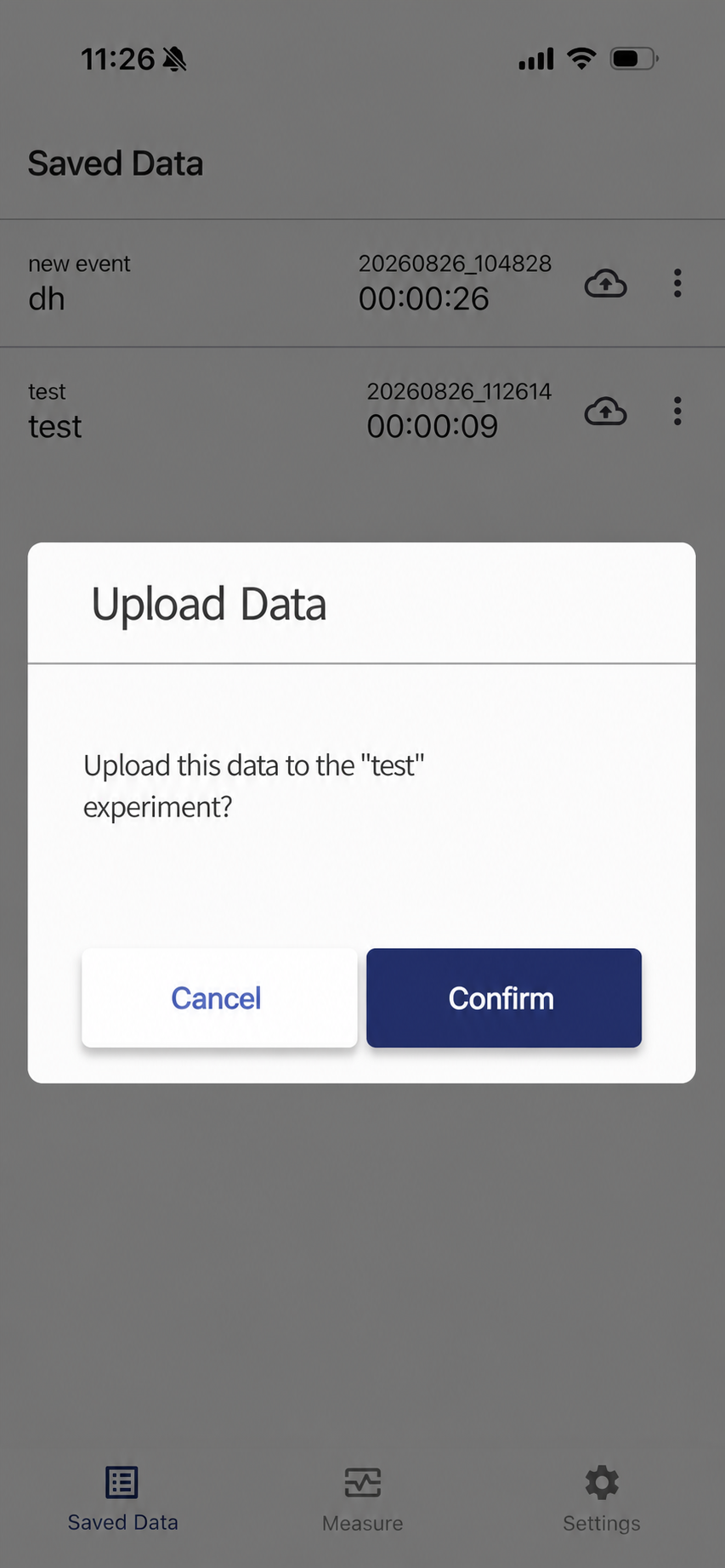 DATAHUB upload confirmation dialog in the PPG&Motion app