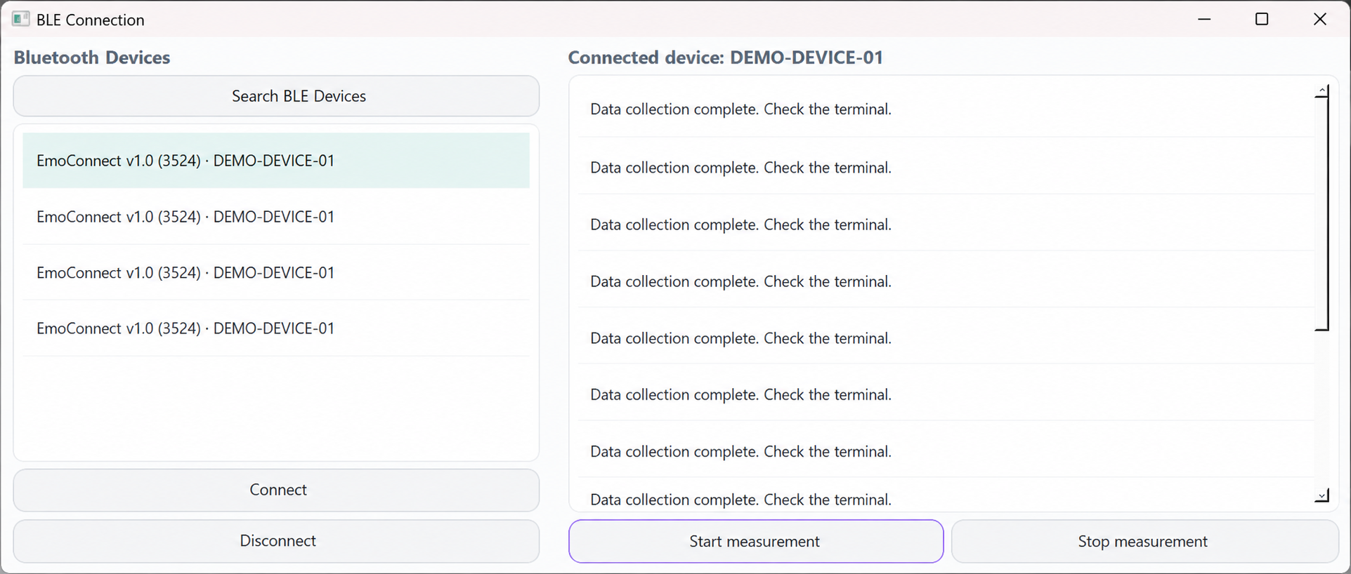 BLE discovery and connection screen in the Newert SDK Windows program