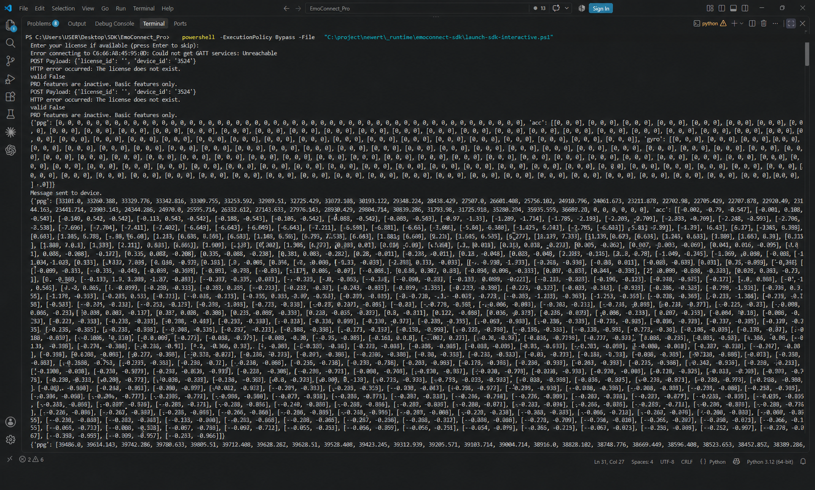 Windows terminal printing received PPG ACC Gyro and Mag data